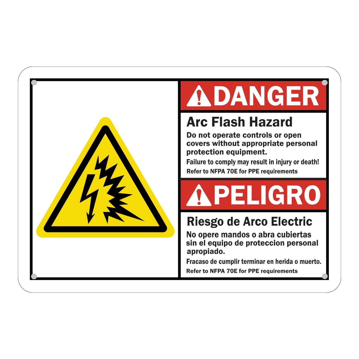 Bilingual ANSI Danger Peligro Arc Flash Hazard Do Not Operate Controls Without PPE Sign Sticker featuring a red danger header, yellow arc flash triangle symbol, and matching English and Spanish NFPA 70E safety text.
