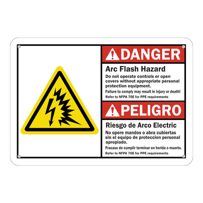 Bilingual ANSI Danger Peligro Arc Flash Hazard Do Not Operate Controls Without PPE Sign Sticker featuring a red danger header, yellow arc flash triangle symbol, and matching English and Spanish NFPA 70E safety text.