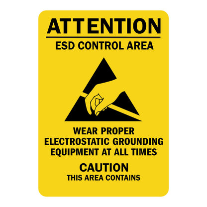 Caution: Esd Control Area Sign: Attention - Wear Proper Electrostatic Grounding Equipment at All Times. Caution This Area Contains Sensitive Electronic Devices Sign Sticker with yellow background, black ESD hand icon triangle graphic, and bold black text