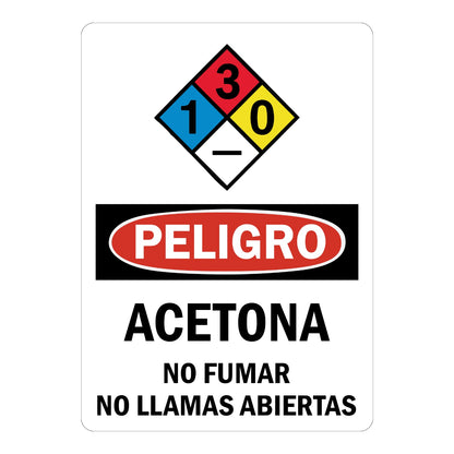 Spanish OSHA Danger Acetona Sign Sticker with NFPA hazard diamond, red and black PELIGRO header, and text warning no fumar no llamas abiertas