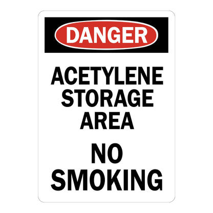 OSHA Danger Acetylene Storage Area No Smoking sign sticker with red oval header on a black panel and bold black text, a decal warning of acetylene fire hazards