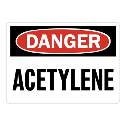 OSHA Danger Acetylene Sign Sticker with white background, red and black DANGER header, and large bold black text warning of flammable gas hazard on site