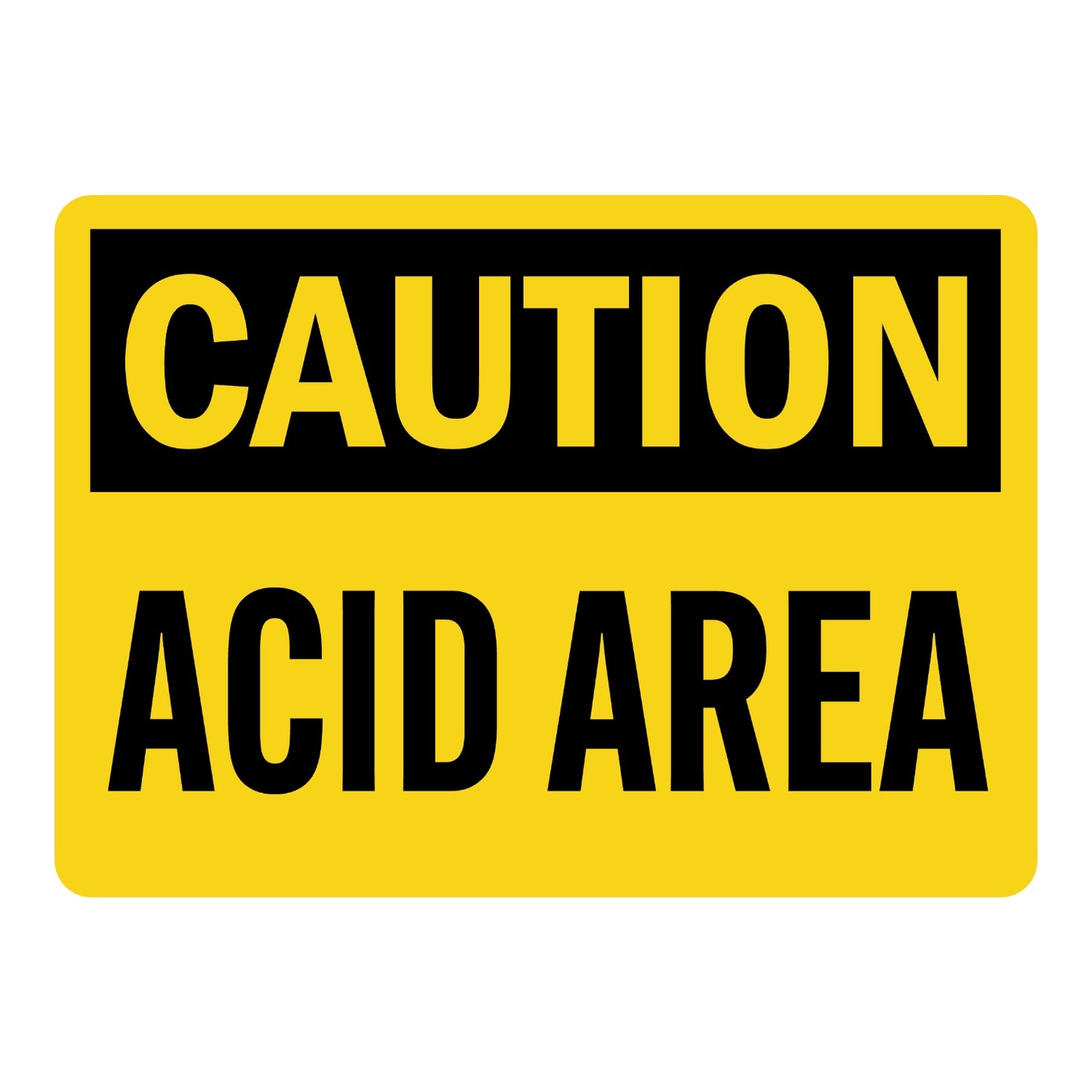OSHA Caution Acid Area Sign Sticker featuring black CAUTION header on yellow background with large black text; ideal for labs, chemical plants, storage areas.