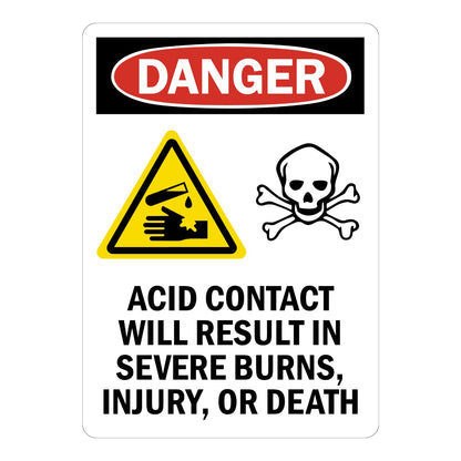 OSHA Danger Sign Sticker featuring red oval DANGER header with corrosive and skull crossbones icons, warning of severe burns, injury, or death from acid; ideal for labs.