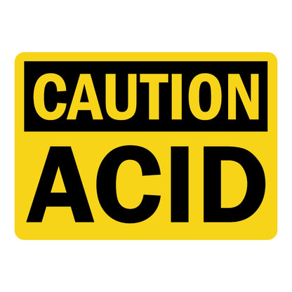 OSHA Caution Acid Sign Sticker featuring bold black CAUTION header on yellow background with large black text; ideal for labs, chemical plants, storage areas.