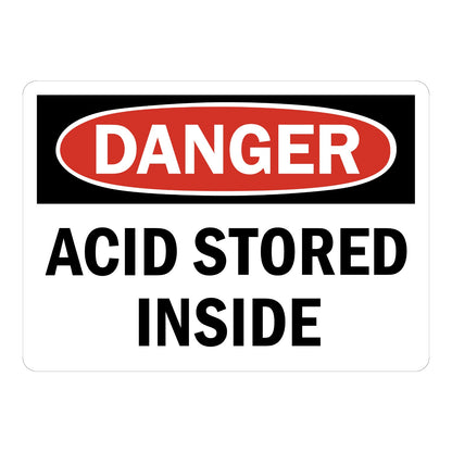 OSHA Danger Acid Stored Inside Sign Sticker featuring red oval DANGER header on black background with black text on white; ideal for labs, chemical plants, storage areas.