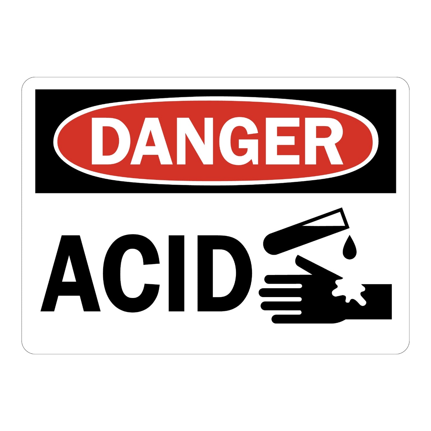 OSHA Danger Acid Sign Sticker with white background, red and black DANGER header, bold ACID text, and graphic of corrosive liquid burning a hand