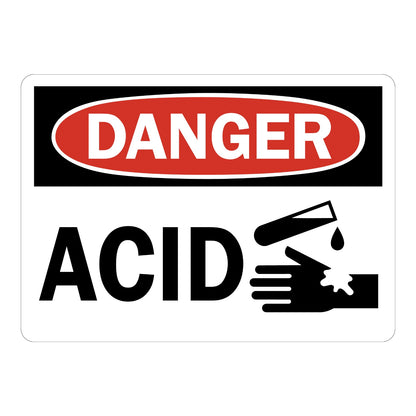 OSHA Danger Acid Sign Sticker with white background, red and black DANGER header, bold ACID text, and graphic of corrosive liquid burning a hand