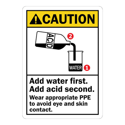 ANSI Caution Sign Sticker featuring yellow header with warning triangle and graphic of acid poured into water, with Add Water First Add Acid Second PPE text; ideal for labs.