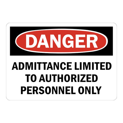Danger Admittance Limited to Authorized Personnel Only Sign Stickers featuring bold red DANGER header and black bold text on a clean white background for restricted areas.
