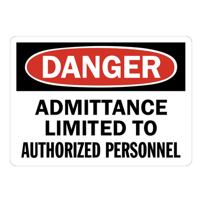 Danger Admittance Limited to Authorized Personnel Sign Stickers featuring bold red DANGER header and black bold text on a clean white background for restricted areas.