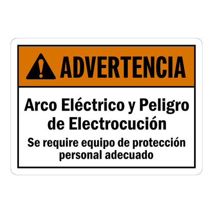 Spanish ANSI Warning: Advertencia Arco Electrico Y Peligro De Electrocucion Sign Sticker with orange header, black warning triangle icon, and bold black Spanish text on white panel