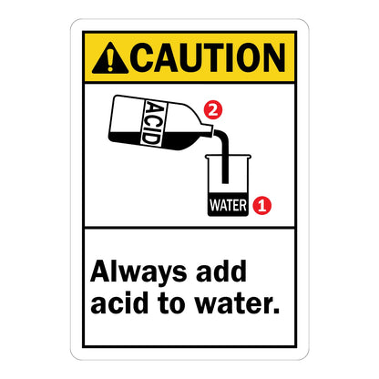 ANSI Caution Sign Sticker featuring yellow header with warning triangle and numbered graphic of acid poured into water, with text Always Add Acid To Water; ideal for labs.