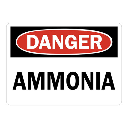 OSHA Danger Ammonia Sign Sticker with white background, red and black DANGER header, and large bold black text warning of toxic chemical hazard on site
