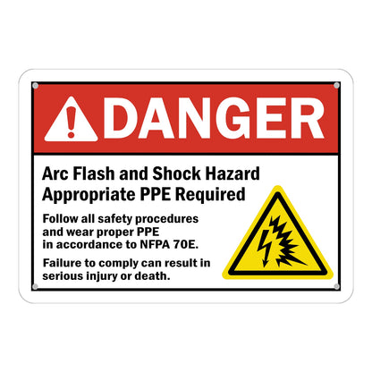 ANSI Danger Arc Flash And Shock Hazard Appropriate PPE Required Sign Sticker with a red danger header, yellow arc flash triangle symbol, and NFPA 70E compliance and injury warning text.