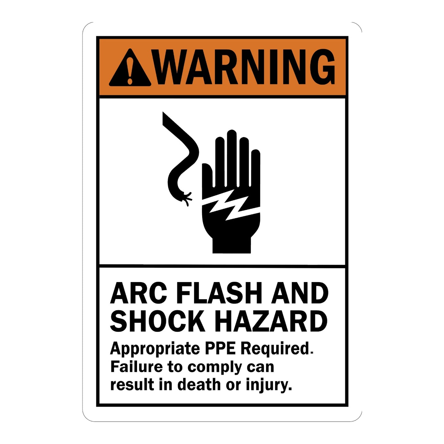 ANSI Warning: Arc Flash and Shock Hazard Appropriate PPE Required With Graphic Sign Sticker with orange header, black hand and lightning bolt icon, and bold black warning text
