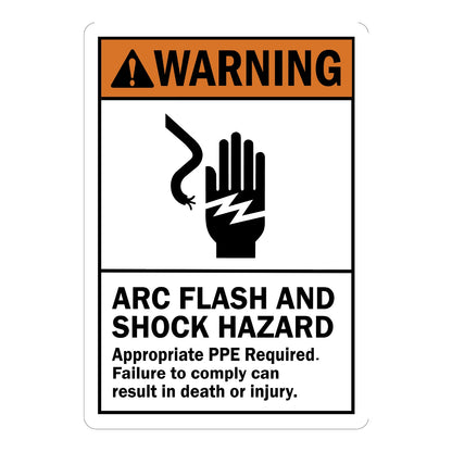 ANSI Warning: Arc Flash and Shock Hazard Appropriate PPE Required With Graphic Sign Sticker with orange header, black hand and lightning bolt icon, and bold black warning text