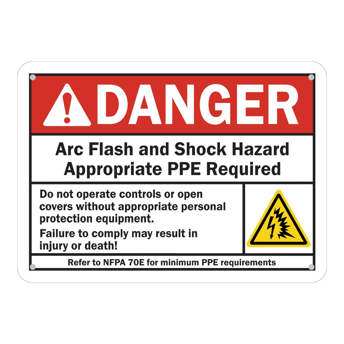 Bilingual ANSI Danger Peligro Arc Flash Hazard Do Not Operate Controls Without PPE Sign Sticker featuring a red danger header, yellow arc flash triangle symbol, and matching English and Spanish NFPA 70E warning text