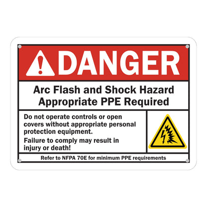 Bilingual ANSI Danger Peligro Arc Flash Hazard Do Not Operate Controls Without PPE Sign Sticker featuring a red danger header, yellow arc flash triangle symbol, and matching English and Spanish NFPA 70E warning text