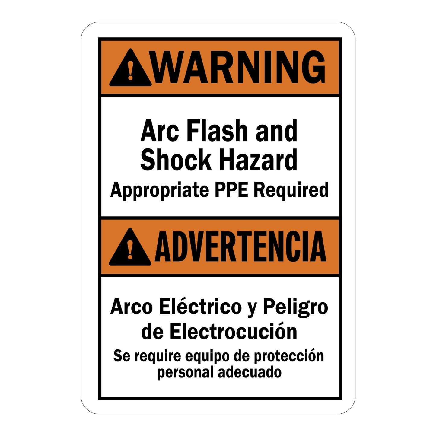 Bilingual ANSI Warning: Arc Flash and Shock Hazard Appropriate PPE Required Sign Sticker with orange headers, black warning triangle icons, and bold English/Spanish text sections