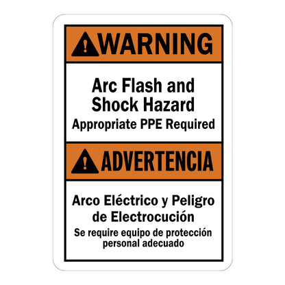 Bilingual ANSI Warning: Arc Flash and Shock Hazard Appropriate PPE Required Sign Sticker with orange headers, black warning triangle icons, and bold English/Spanish text sections