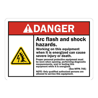 ANSI Danger: Arc Flash and Shock Hazards - Working on This Equipment When It Is Energized Can Cause Severe Injury or Death Sign Sticker with red header, yellow arc flash icon, and bold black warning text