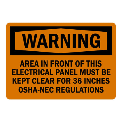 OSHA Warning: Electrical Panel Area Must Be Kept Clear for 36 Inches sign stickers featuring bold black WARNING header, cites OSHA-NEC clearance regulations