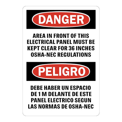 Bilingual OSHA Danger: Electrical Panel Area Must Be Kept Clear for 36 Inches sign stickers featuring bold red-black DANGER header in English and Spanish
