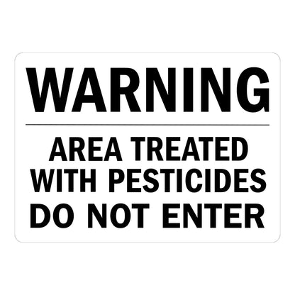 Warning: Area Treated With Pesticides, Do Not Enter sign stickers, white background, bold black WARNING header text with underline, bold black instructional text.