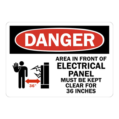 OSHA Danger: Electrical Panel Must Be Kept Clear for 36 Inches Sign Sticker with red DANGER oval header and stop-hand arc-flash icon, enforcing required panel clearance.