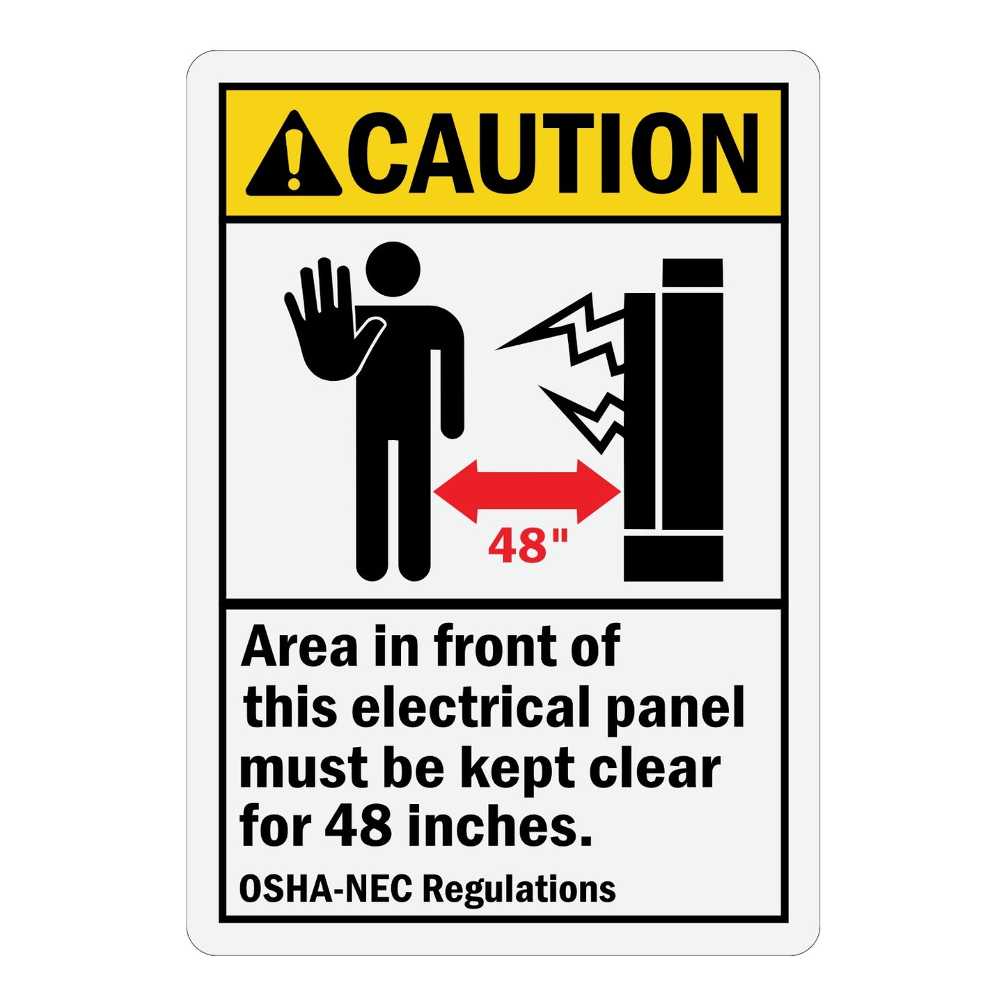 ANSI Caution: Electrical Panel Area Must Be Kept Clear 36 Inches sign stickers featuring stop hand and shock icons, cites OSHA-NEC clearance regulations