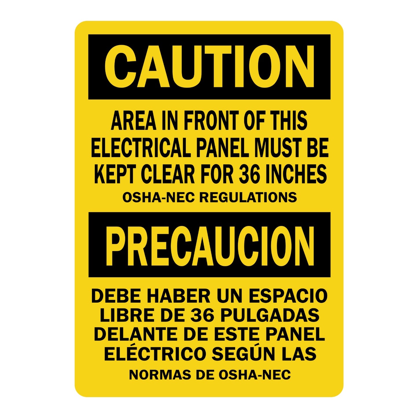 Bilingual OSHA Caution: Electrical Panel Area Must Be Kept Clear for 36 Inches sign stickers featuring bold black text on yellow in English and Spanish