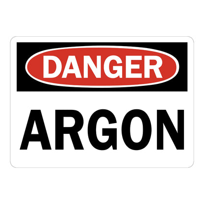 OSHA Danger Argon Sign Sticker with white background, red and black DANGER header, and large bold black text warning of compressed gas hazard on site