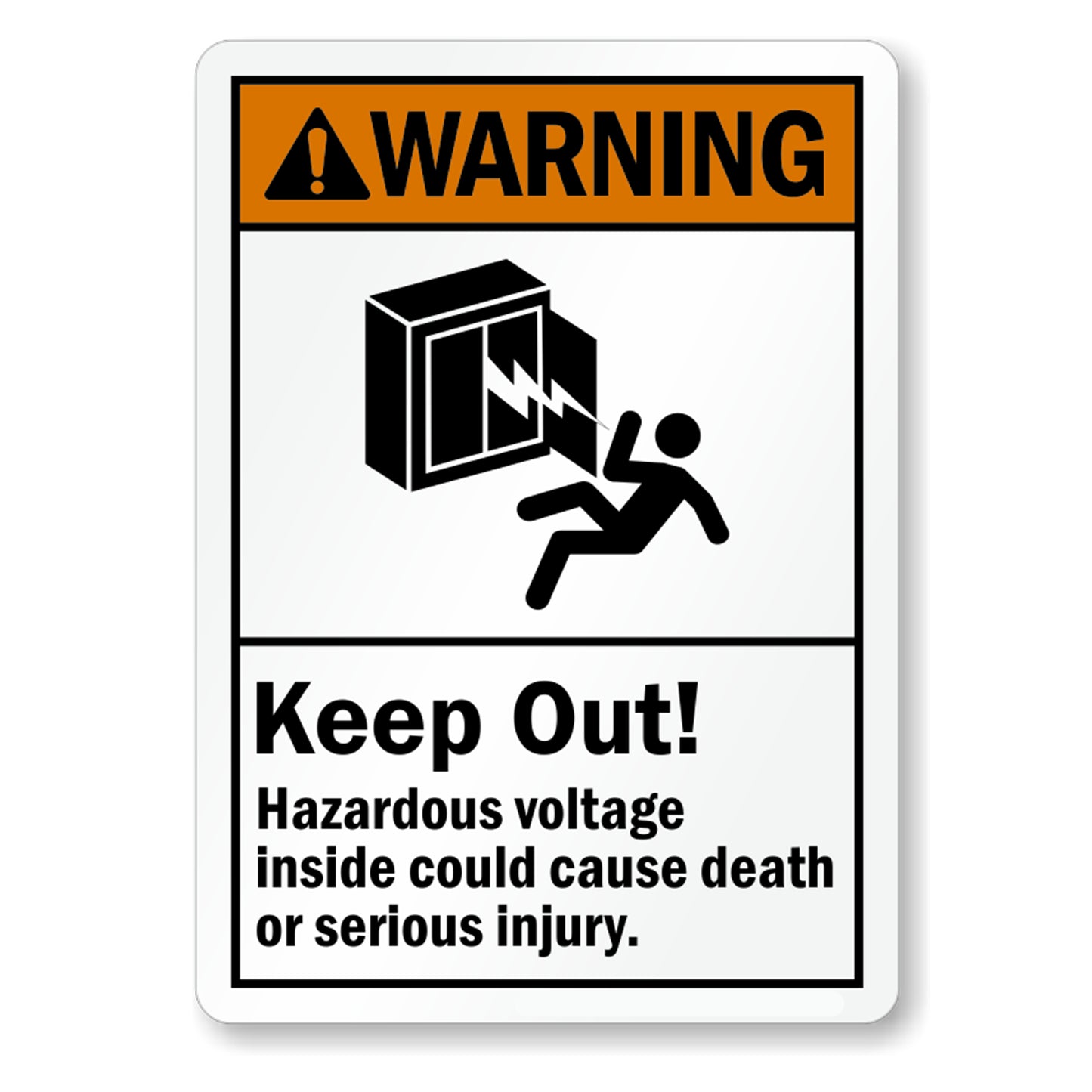 ANSI Warning: Keep Out! Hazardous Voltage Inside, Could Cause Death or Serious Injury Sign Sticker with orange WARNING header and electrocution icon on white body.