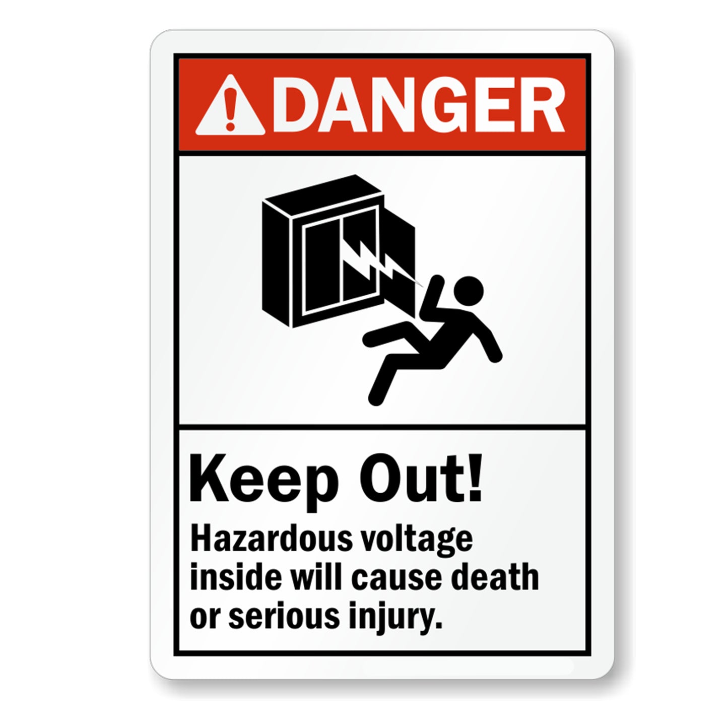 ANSI Danger: Keep Out! Hazardous Voltage Inside, Will Cause Death or Serious Injury Sign Sticker with red DANGER header and electrocution icon on white background.