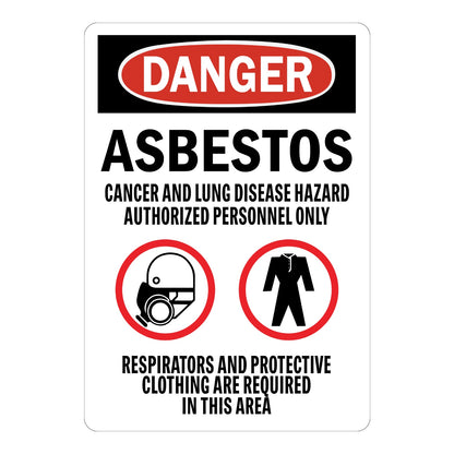 OSHA Danger Asbestos Cancer And Lung Disease Hazard Sign Sticker with red oval banner, black header, and respirator/coverall icons for authorized personnel protective areas.