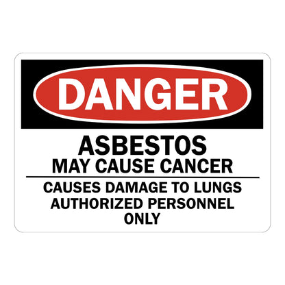 Danger: Asbestos May Cause Cancer Sign Sticker with black header, red oval DANGER banner, bold black text on white background, for asbestos cancer hazard warning