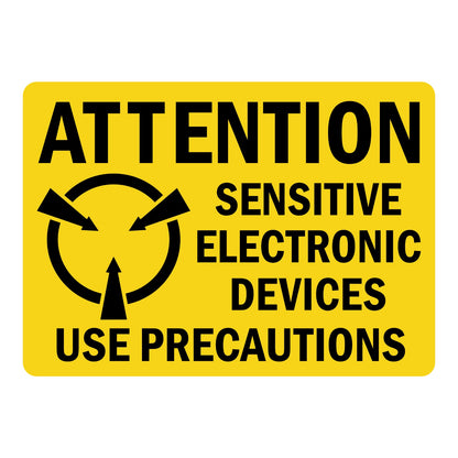 Warning: Attention - Sensitive Electronic Devices Use Precautions Sign Sticker with bold black header on yellow background, ESD circular arrow icon, and large black bold lettering