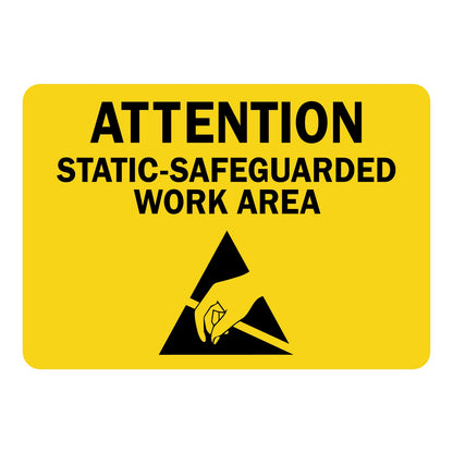 Warning: Attention - Static-Safeguarded Work Area Sign Sticker with bold black header on yellow background and black ESD hand icon triangle graphic below