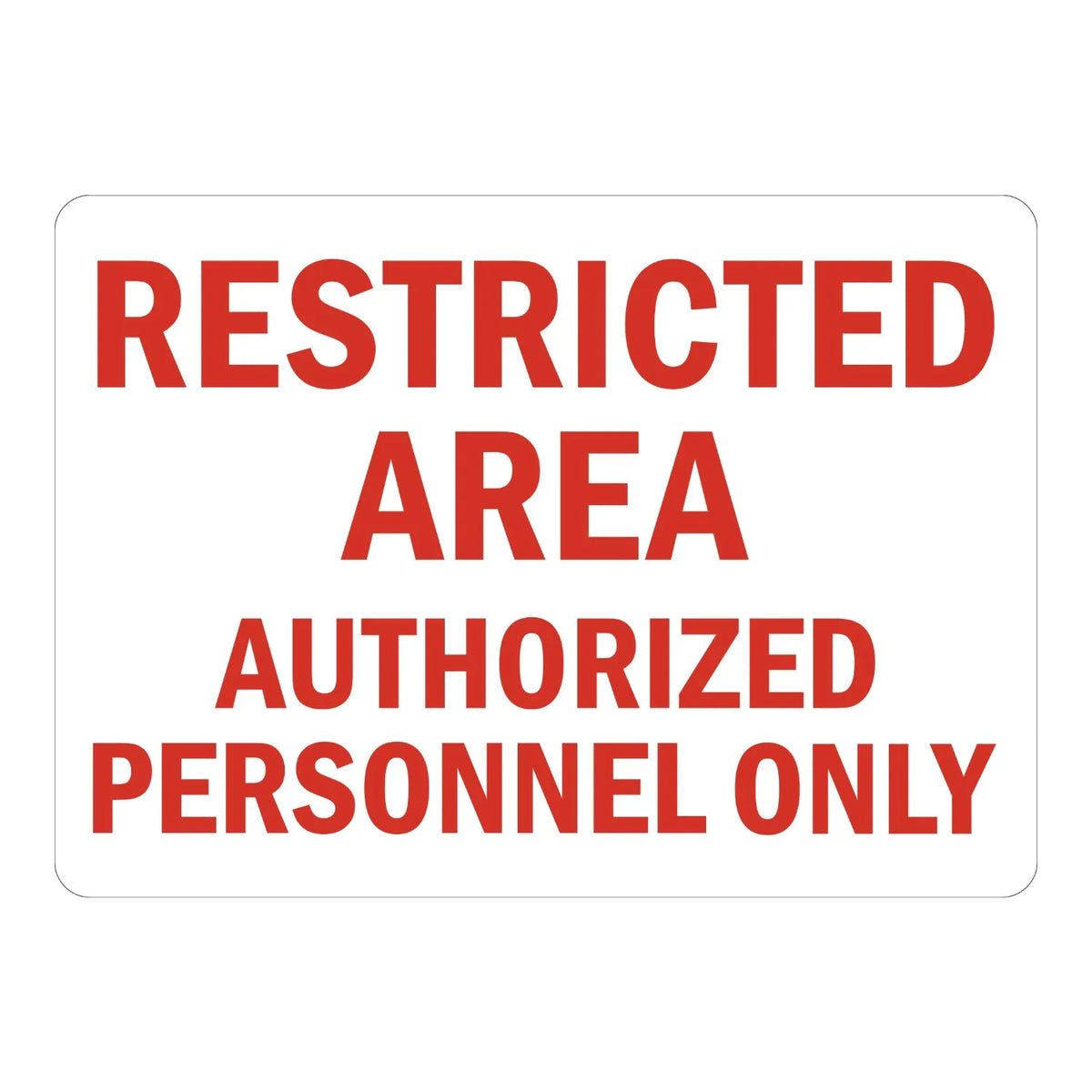Restricted Area Authorized Personnel Only Sign Stickers featuring bold red text on a plain white background with corner bolt details, ideal for simple restricted access signage.