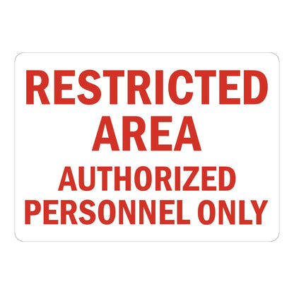 Restricted Area Authorized Personnel Only Sign Stickers featuring bold red text on a plain white background with corner bolt details, ideal for simple restricted access signage.