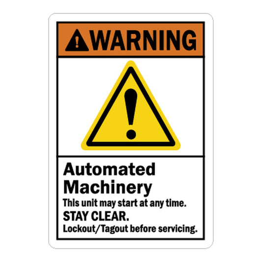 ANSI Warning Automated Machinery Stay Clear Lockout Tagout Before Servicing Sign Stickers