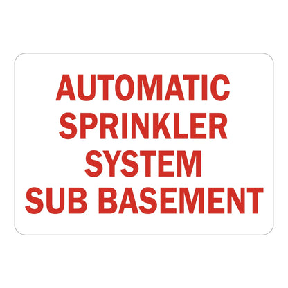 Automatic Sprinkler System Sub-Basement Sign Stickers with bold red text on white background for basement sprinkler system identification.