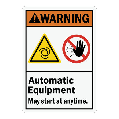 ANSI Warning Automatic Equipment May Start At Any Time Sign Sticker with orange warning header and bold automatic equipment start hazard warning text.