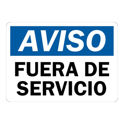 Spanish OSHA Notice Aviso Fuera De Servicio Sign Sticker with blue header and black text alerting Spanish speaking workers that equipment or facility is out of service