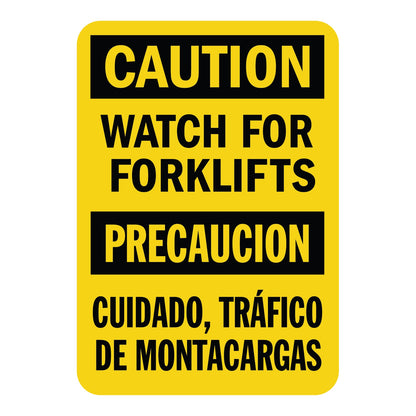 Bilingual yellow caution sign sticker with black text reading "Watch For Forklifts" and Spanish translation "Cuidado, Tráfico De Montacargas" for warehouse forklift safety.