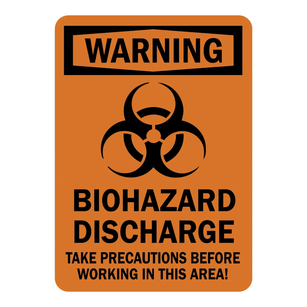 OSHA Warning: Biohazard Discharge - Take Precautions Before Working in This Area! Sign Sticker with black chevron header, orange background, biohazard symbol