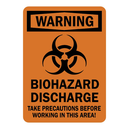 OSHA Warning: Biohazard Discharge - Take Precautions Before Working in This Area! Sign Sticker with black chevron header, orange background, biohazard symbol