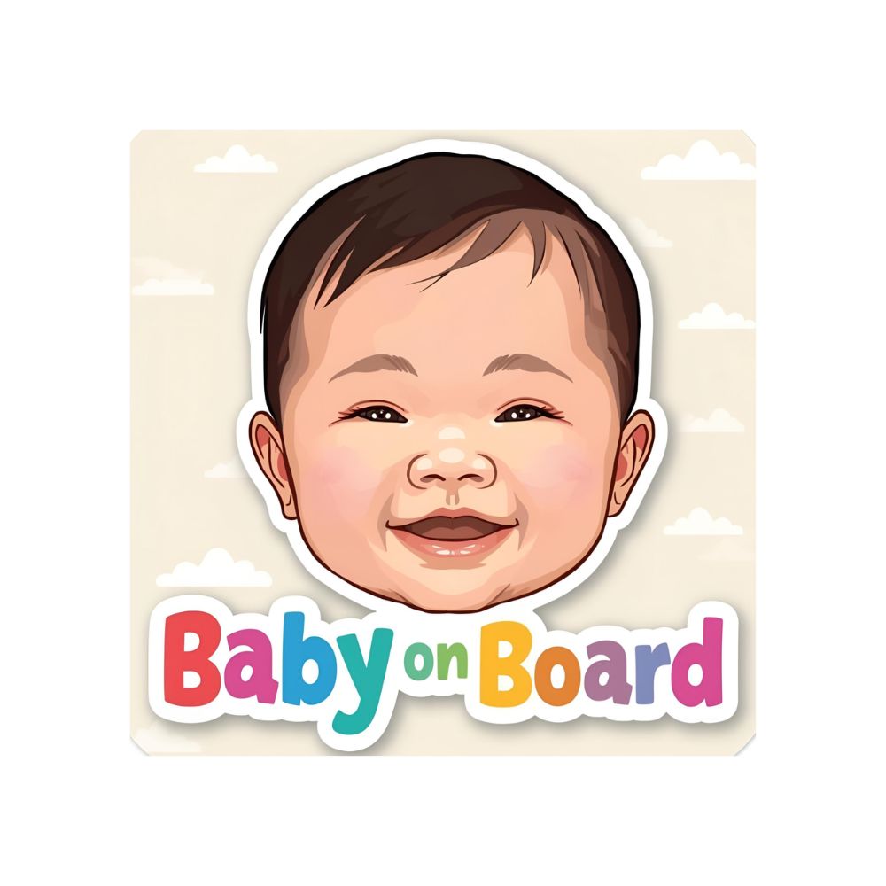 Sticker with a Baby On Board Sticker – Baby Face With Clouds Design text on a light background