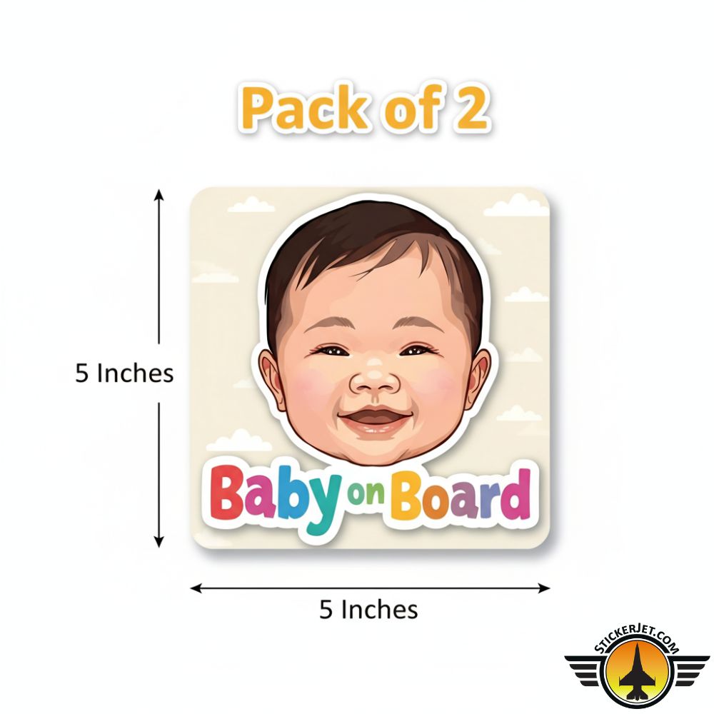 Pack of 2 Baby On Board Sticker – Baby Face With Clouds Design with a child's face and dimensions indicated.